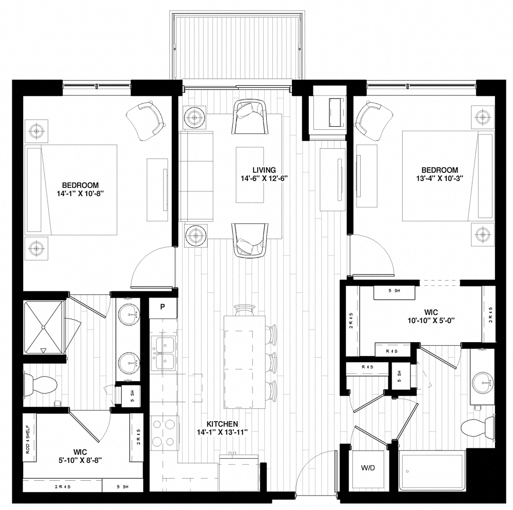 Floor plan for 2 beds, 2 baths, 1051 sqft